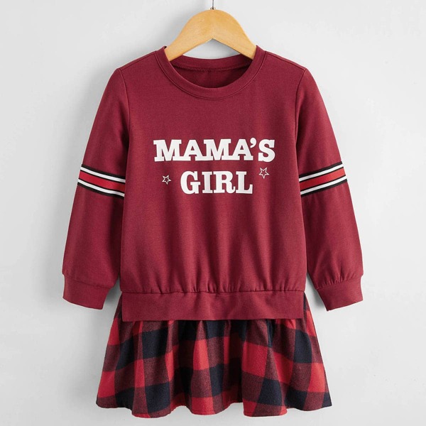 

Toddler Girls Letter Graphic Gingham Panel Sweatshirt Dress, Burgundy