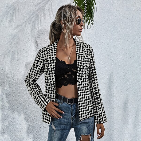 

Houndstooth Shawl Collar Blazer, Black and white