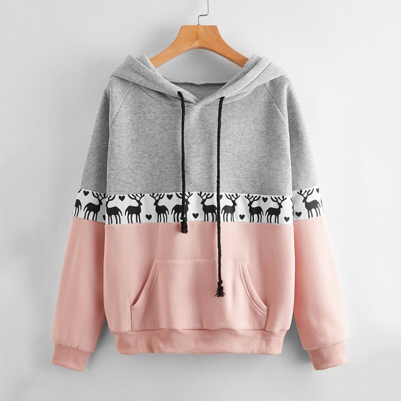 

Christmas Deer Colorblock Drawstring Hoodie, Multicolor