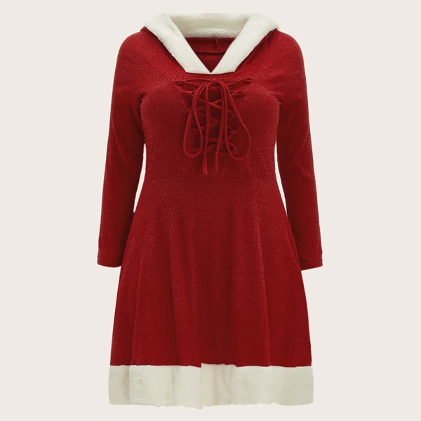 

Plus Lace Up Front Contrast Teddy Hem Hooded Dress, Burgundy