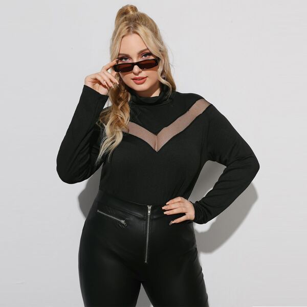 

Plus Mesh Insert High Neck Tee, Black