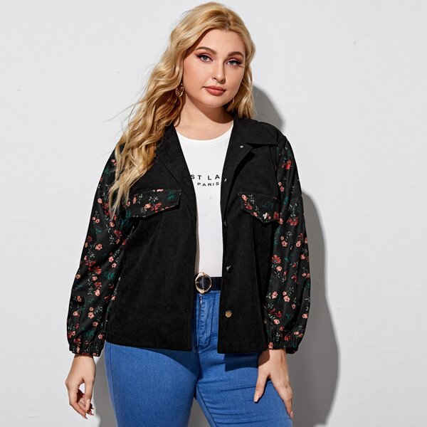 

Plus Contrast Floral Print Denim Jacket, Black