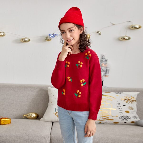 

Girls Pompom Detail Floral Pattern Sweater, Red