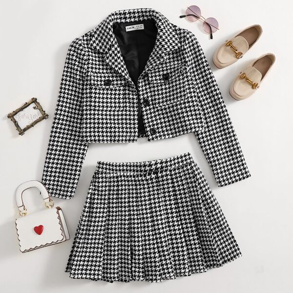 

Girls Flap Pocket Front Houndstooth Jacket and Pleated Skirt Set, Black and white