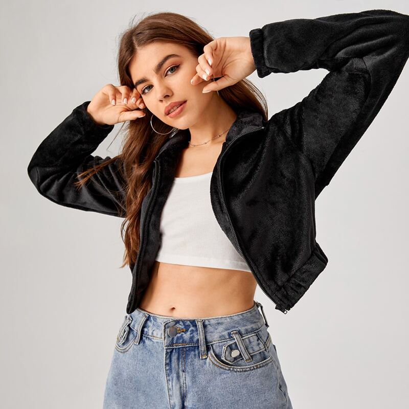 

Solid Crop Zip Jacket, Black