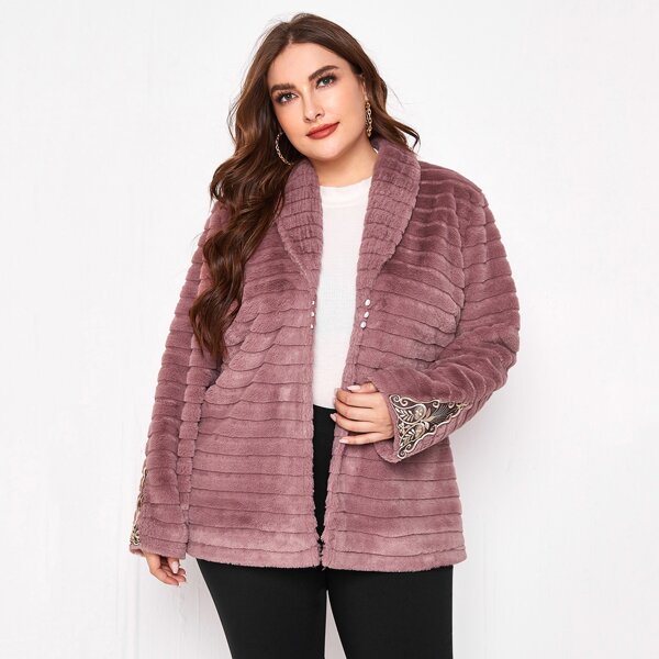 

Plus Paisley Embroidered Shawl Collar Teddy Coat, Dusty pink