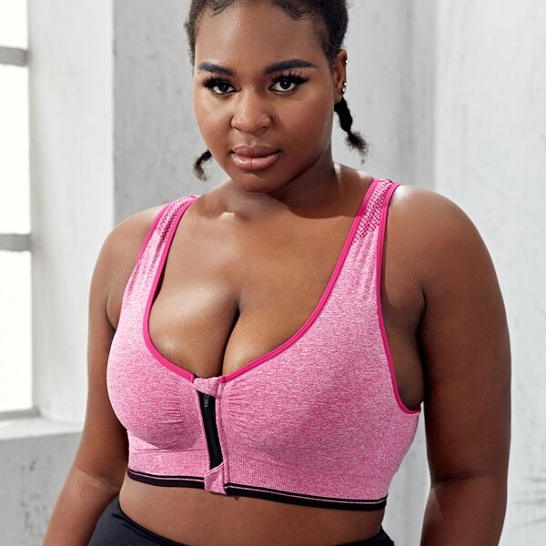 

Plus Zip Front Contrast Binding Sports Bra, Pink