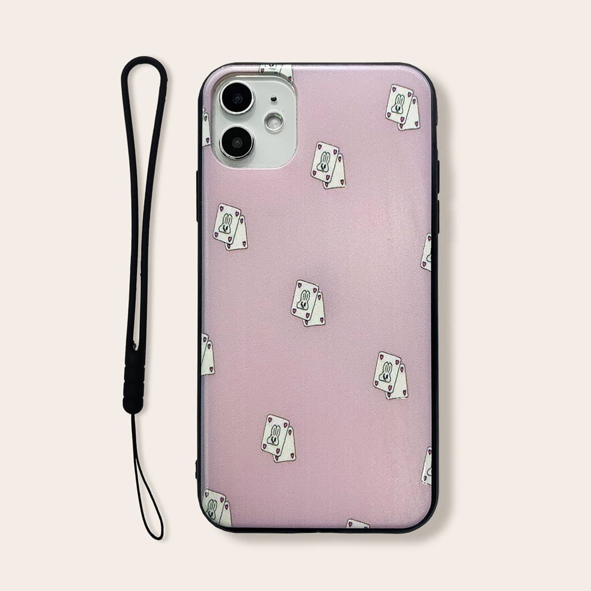 

Rabbit Card Pattern iPhone Case With Lanyard, Pink