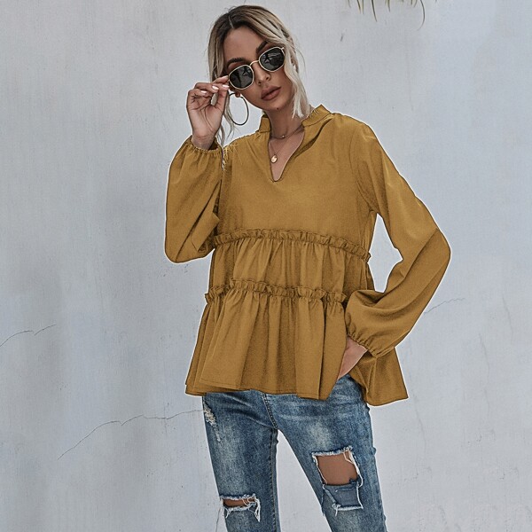 

Notched Neck Frill Trim Peplum Blouse, Mustard yellow