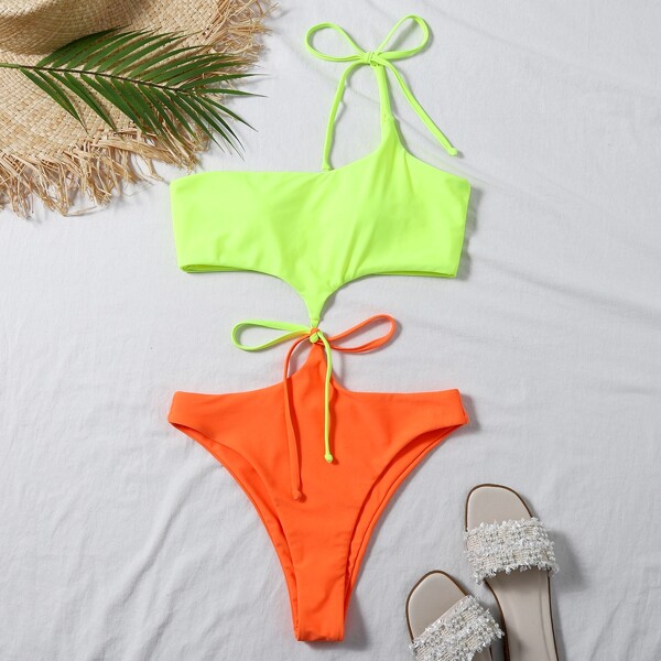 

Two Tone Cut Out One Shoulder One Piece Swimsuit, Multicolor