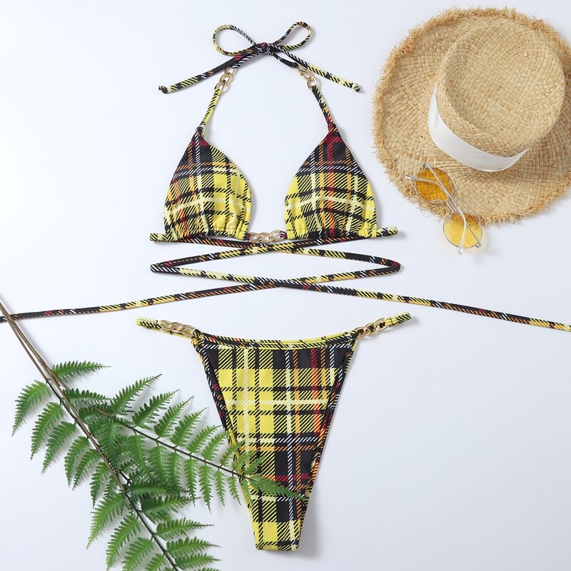 

Plaid Triangle Thong Bikini Swimsuit, Multicolor