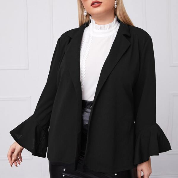 

Plus Notched Collar Flounce Sleeve Blazer, Black