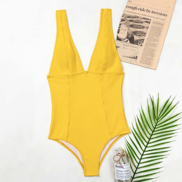 

Plain Rib One Piece Swimsuit, Yellow