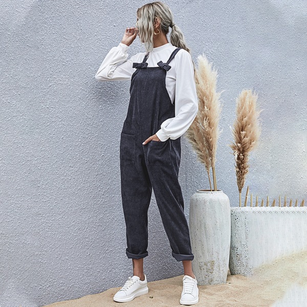 

Bow Front Dual Pocket Corduroy Pinafore Jumpsuit, Navy blue