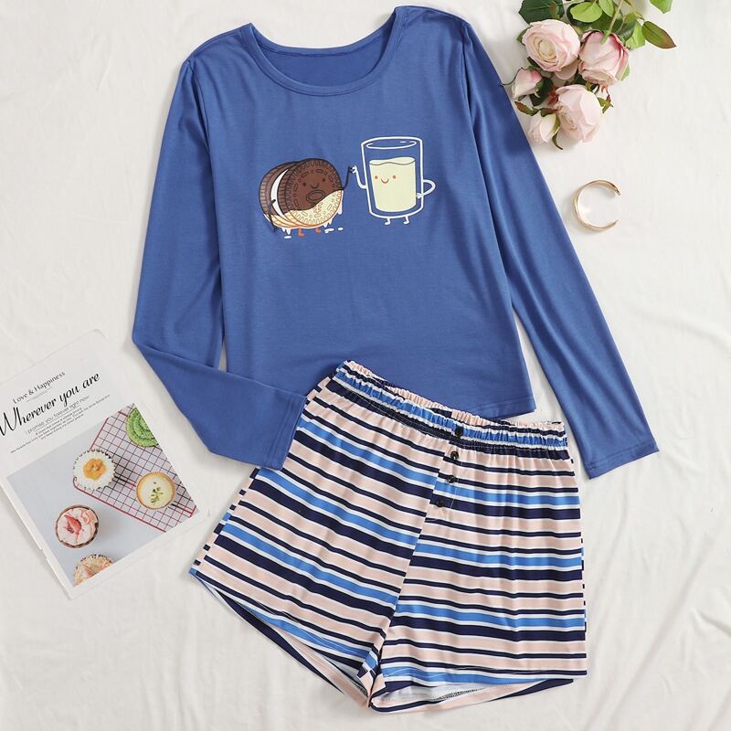 

Biscuit Pattern Tee & Striped Shorts PJ Set, Blue