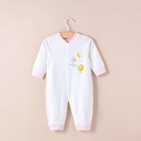 

Baby Girl Letter & Cartoon Graphic Button Jumpsuit, White