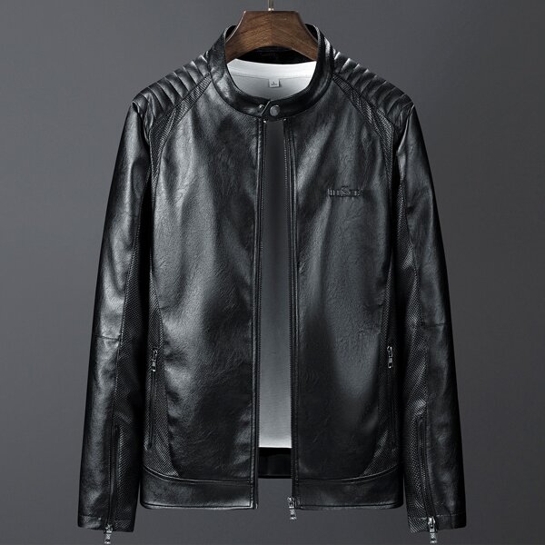 

Men Zip Up Embroidery Letter PU Jacket, Black