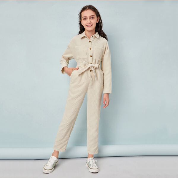 

Girls Press Buttoned Pocket Front Self Belted Cord Jumpsuit, Beige