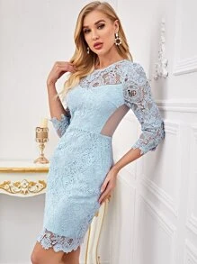 SHEIN 透明網紗後緹花蕾絲連衣裙 - 霧霾藍 - 查看 1
