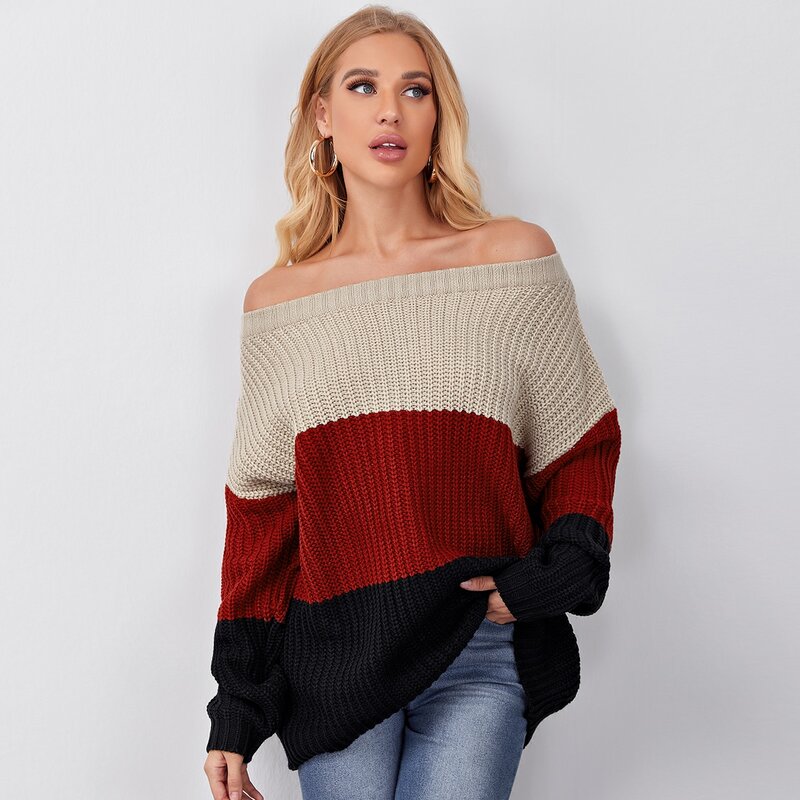 

Off Shoulder Colorblock Rib-knit Sweater, Multicolor