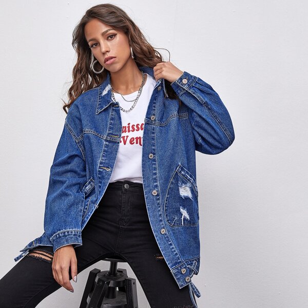 

Patch Pocket Lace Up Ripped Denim Jacket, Medium wash