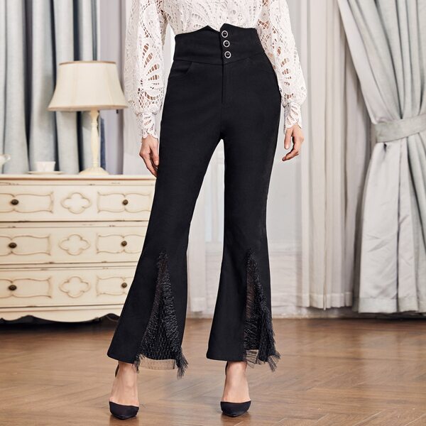 

Buttoned Waist Glitter Mesh Hem Flare Leg Pants, Black