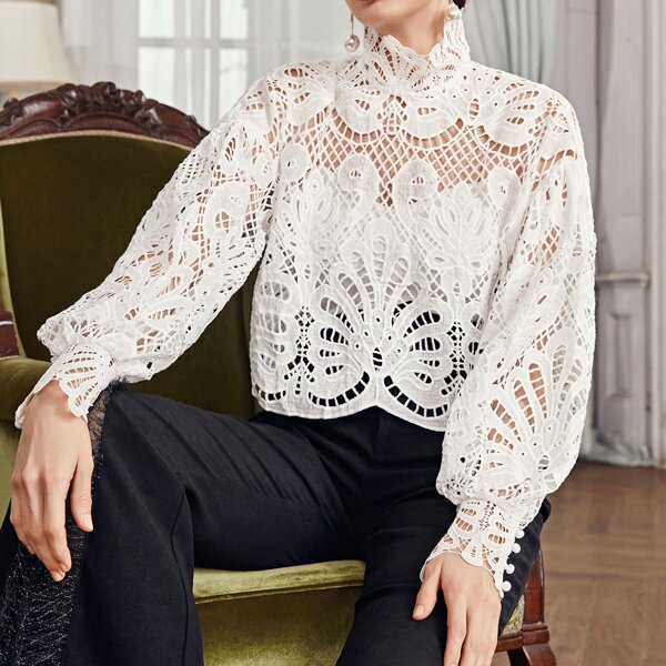 

High Neck Guipure Lace Top Without Camisole, White