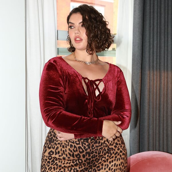 

Plus Velvet Lace-up Solid Top, Burgundy