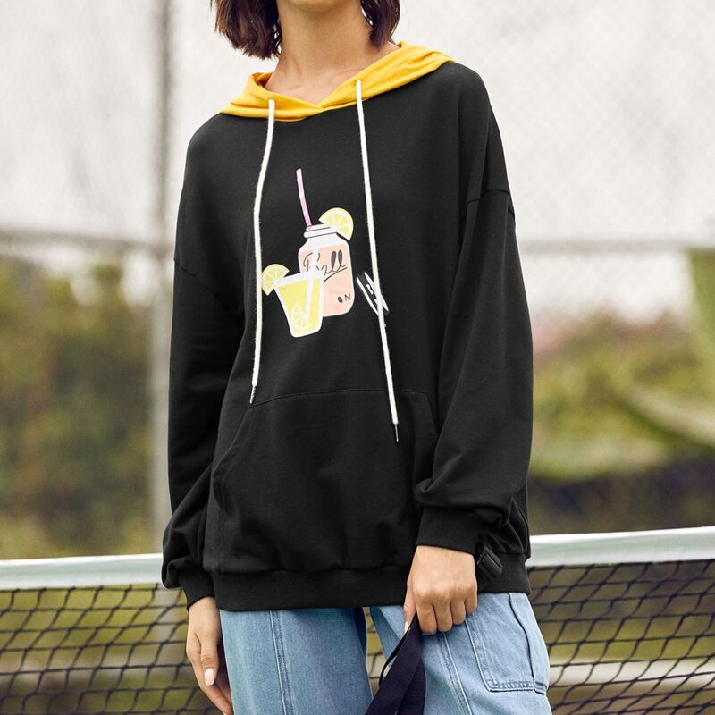 

Contrast Hooded Graphic Print Pouch Pocket Sweatshirt, Black
