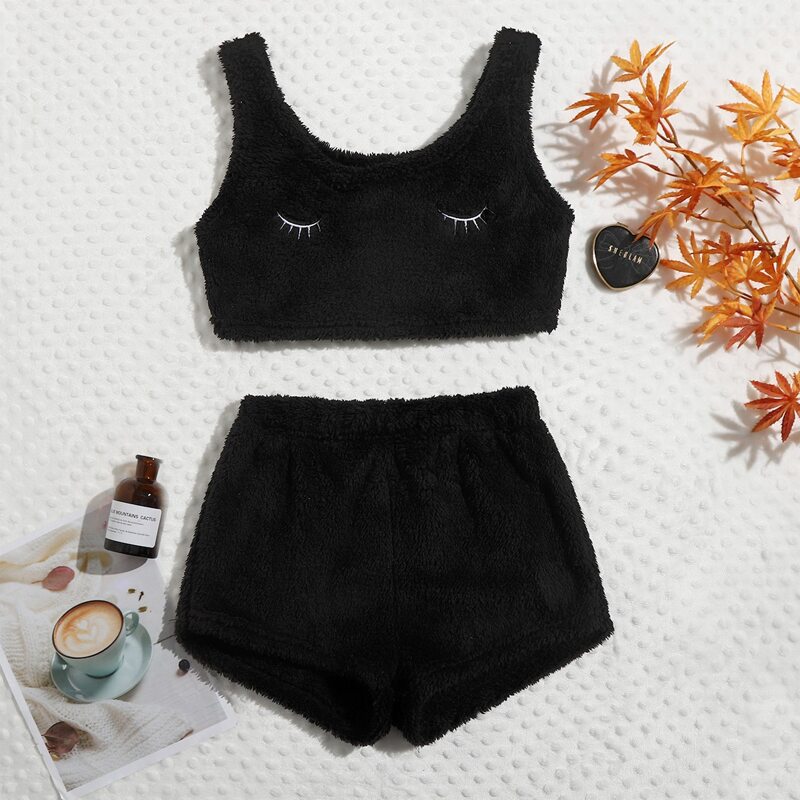 

Eyelash Embroidery Flannel Pajama Set, Black