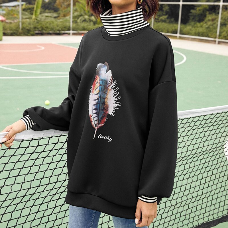 

Striped Neck and Cuff Letter and Feather Print Pullover, Black
