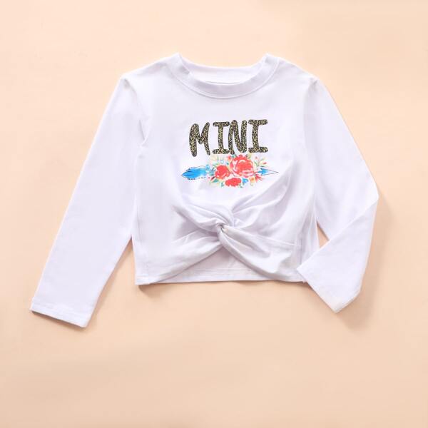 

Toddler Girls Letter And Floral Print Twist Hem Tee, White