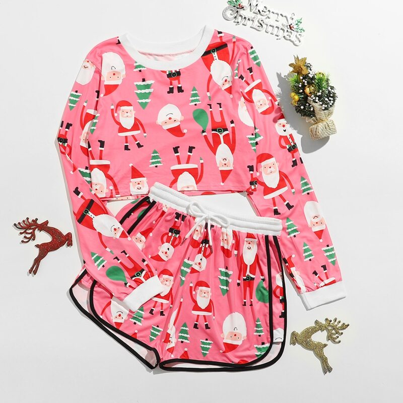 

Christmas Santa Claus Tee & Dolphin Shorts PJ Set, Pink