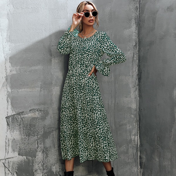 

Flounce Sleeve Allover Print A-line Dress, Multicolor
