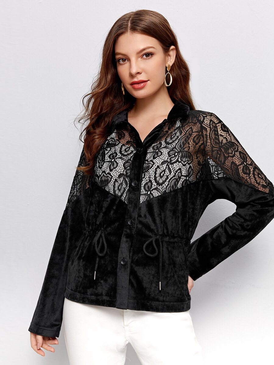 Mulvari Lace Yoke Drawstring Waist Velvet Shirt - Black - View 1