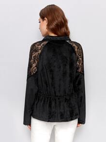 Mulvari Lace Yoke Drawstring Waist Velvet Shirt - Black - View 2