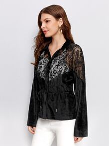 Mulvari Lace Yoke Drawstring Waist Velvet Shirt - Black - View 3