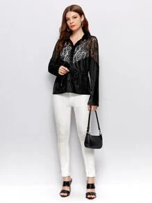 Mulvari Lace Yoke Drawstring Waist Velvet Shirt - Black - View 4