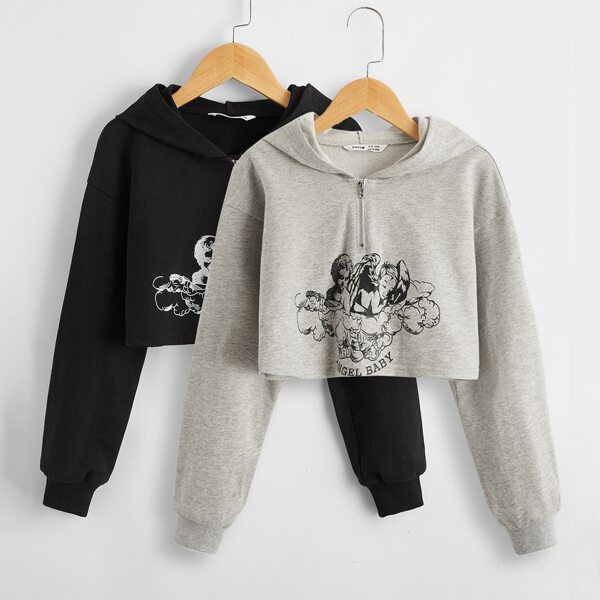

Girls 2 Pack Zip Half Placket Letter and Angel Print Hoodie, Multicolor