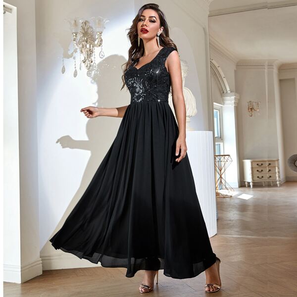 

Sweetheart Neck Sequin Panel Chiffon Dress, Black