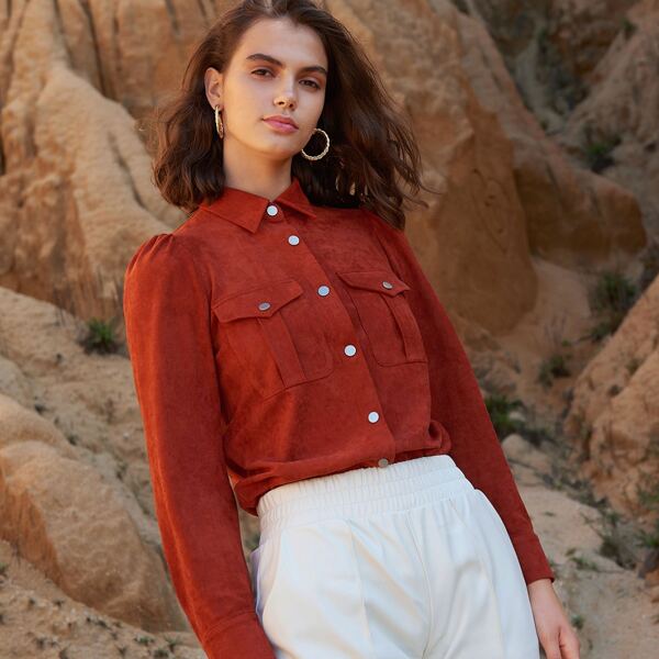 

Single Breasted Flap Pocket Suede Blouse, Burnt orange
