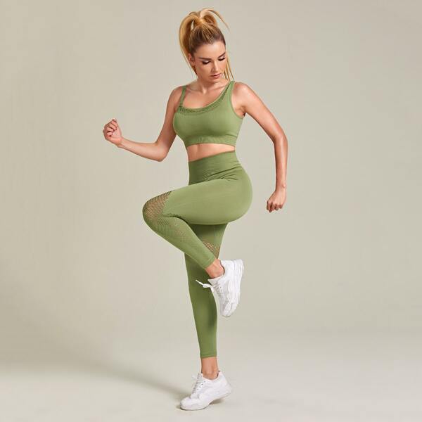 

Hollow Out Sports Bra & Wide Band Waist Sports Leggings Set, Lime green