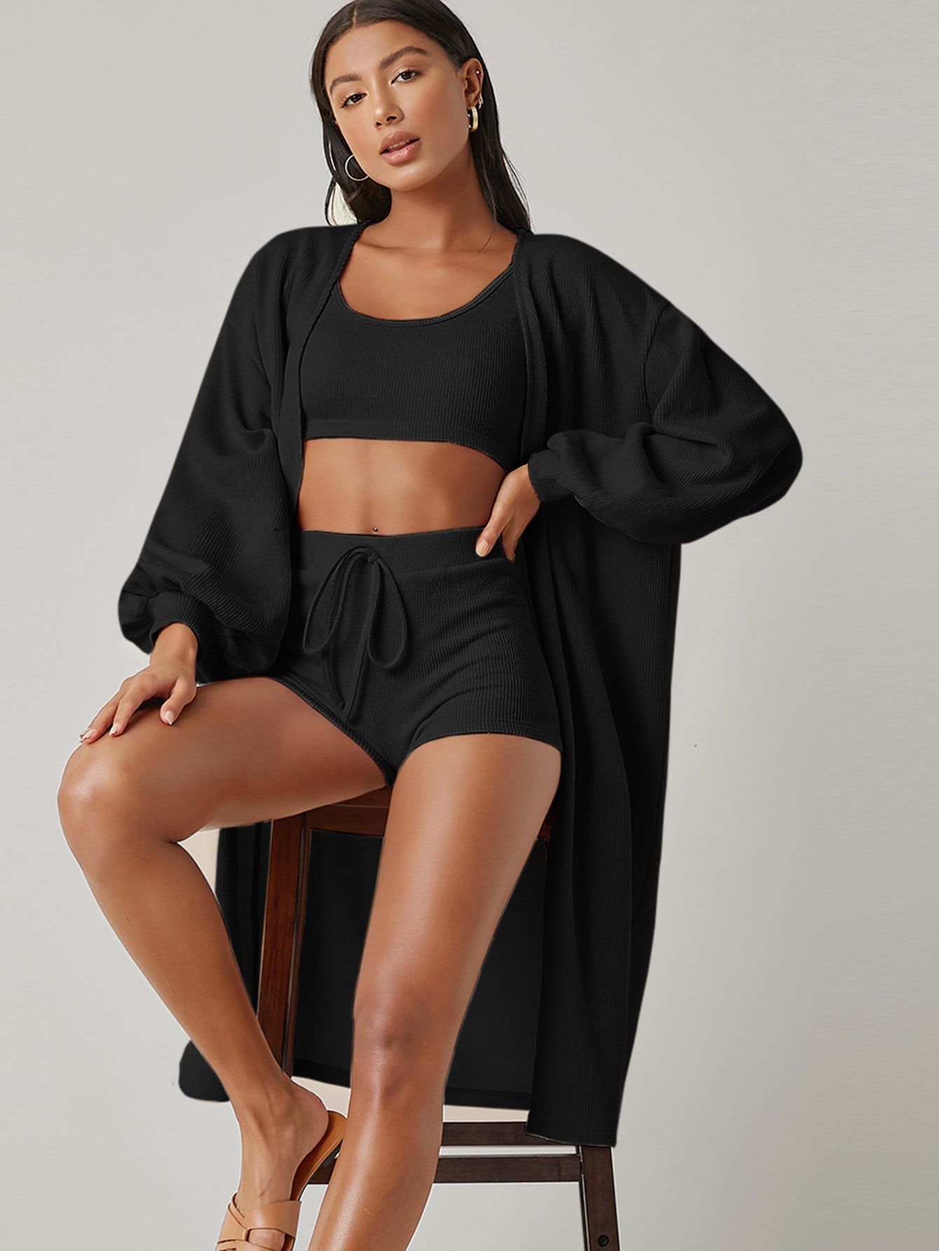 Rib-knit Crop Tank Top & Biker Shorts Set With Coat thumbnail