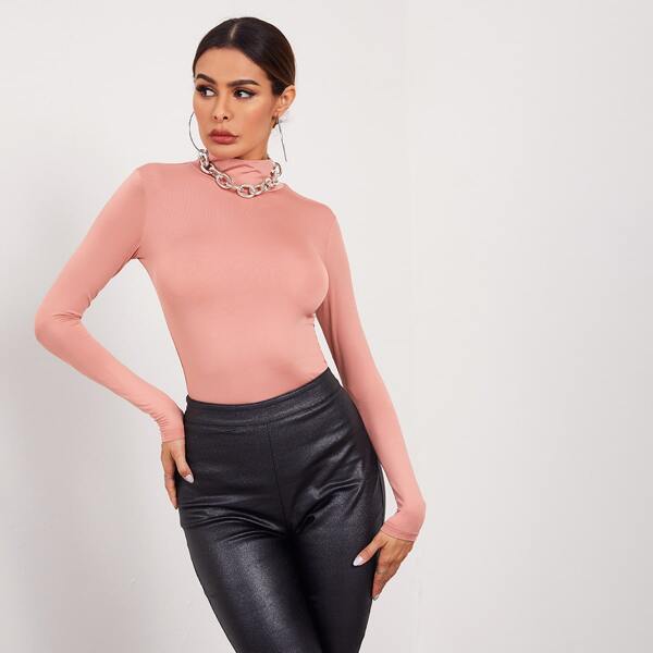 

Solid High Neck Form Fitted Tee, Coral pink