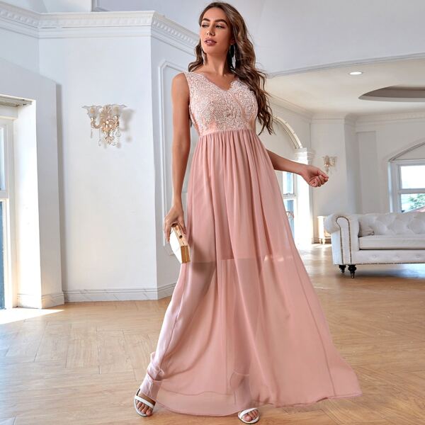 

Lace Yoke V Back Maxi Chiffon Dress, Coral pink