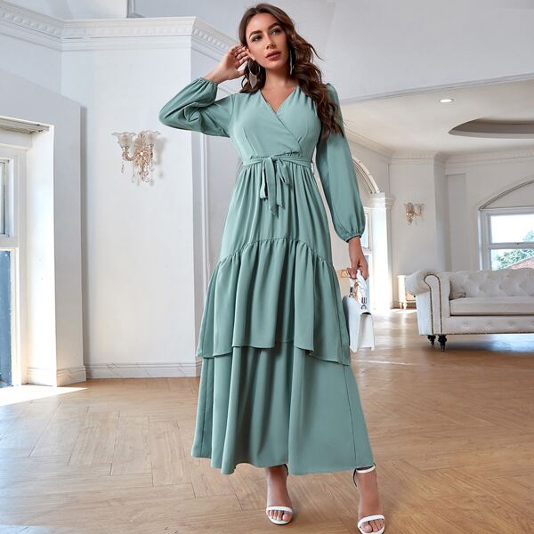 

Layered Ruffle Hem Belted Maxi Dress, Mint blue