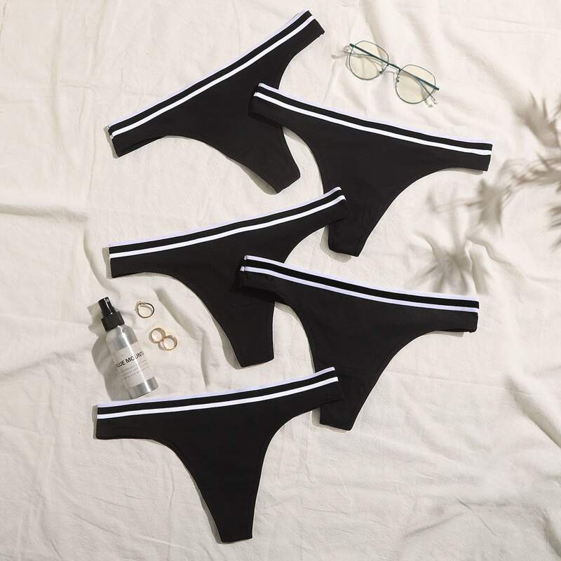 

5pack Striped Trim Panty Set, Black