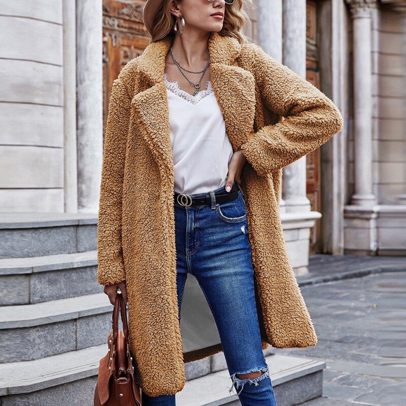 

Lapel Collar Solid Open Front Teddy Coat, Camel