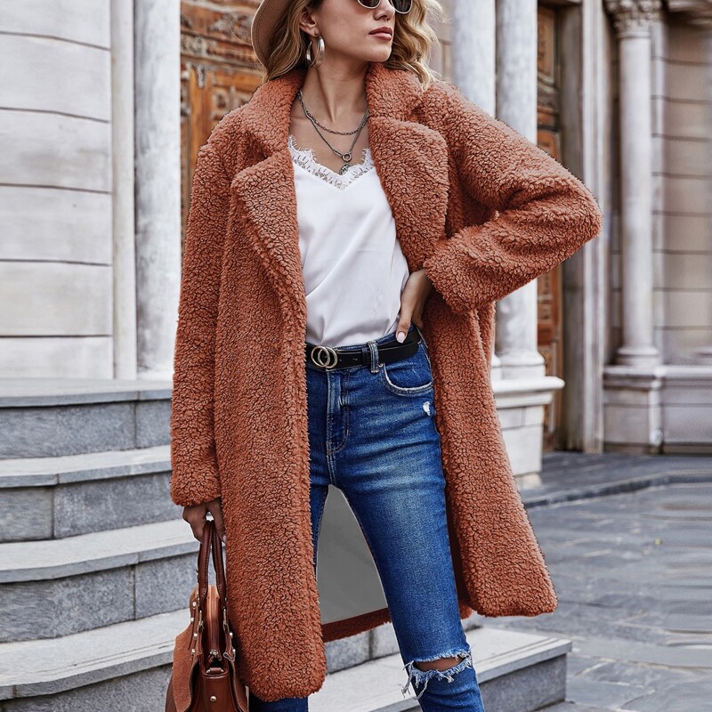 

Lapel Collar Solid Open Front Teddy Coat, Brown
