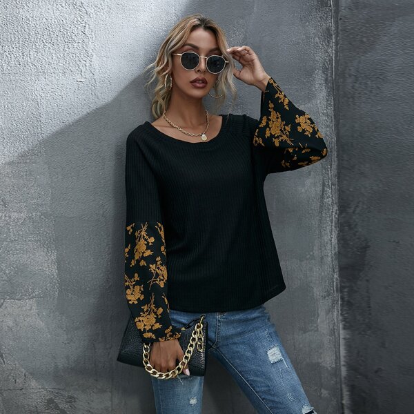 

Floral Print Panel Rib-knit Tee, Black